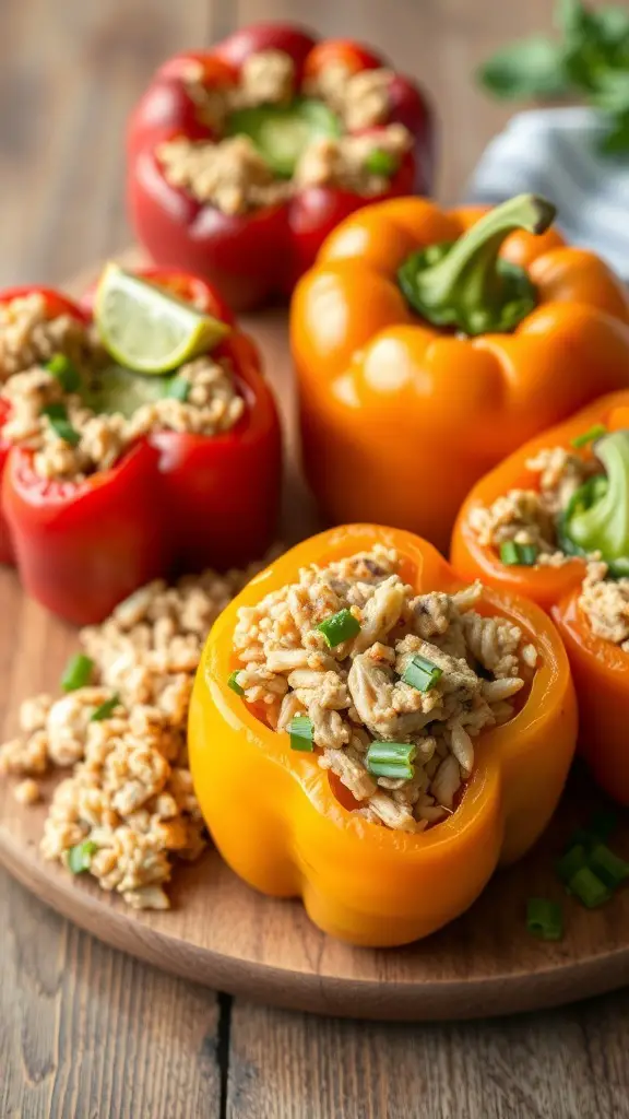 Stuffed bell peppers filled with turkey and rice on a wooden platter