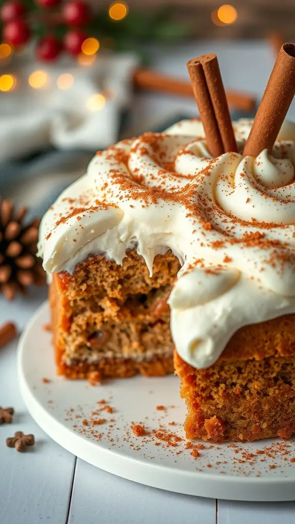 A holiday spice cake with creamy frosting, topped with cinnamon and decorative elements.