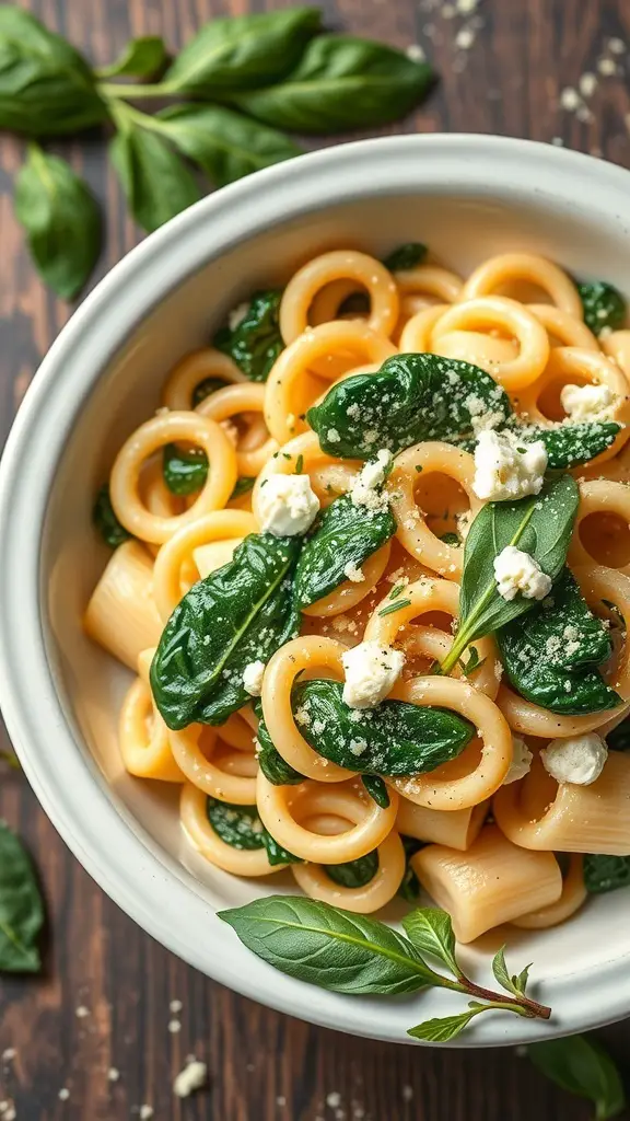 A bowl of creamy cavatappi pasta with spinach and ricotta, garnished with fresh basil leaves.