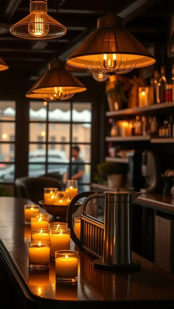 Cozy coffee bar with warm pendant lights and candles
