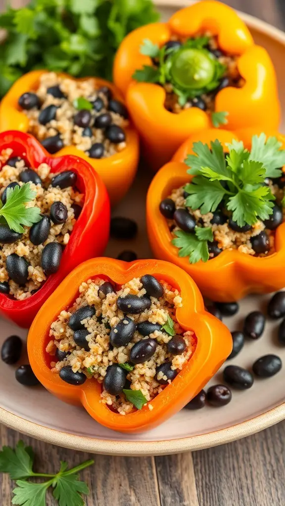 Stuffed bell peppers filled with black beans and quinoa, garnished with cilantro.