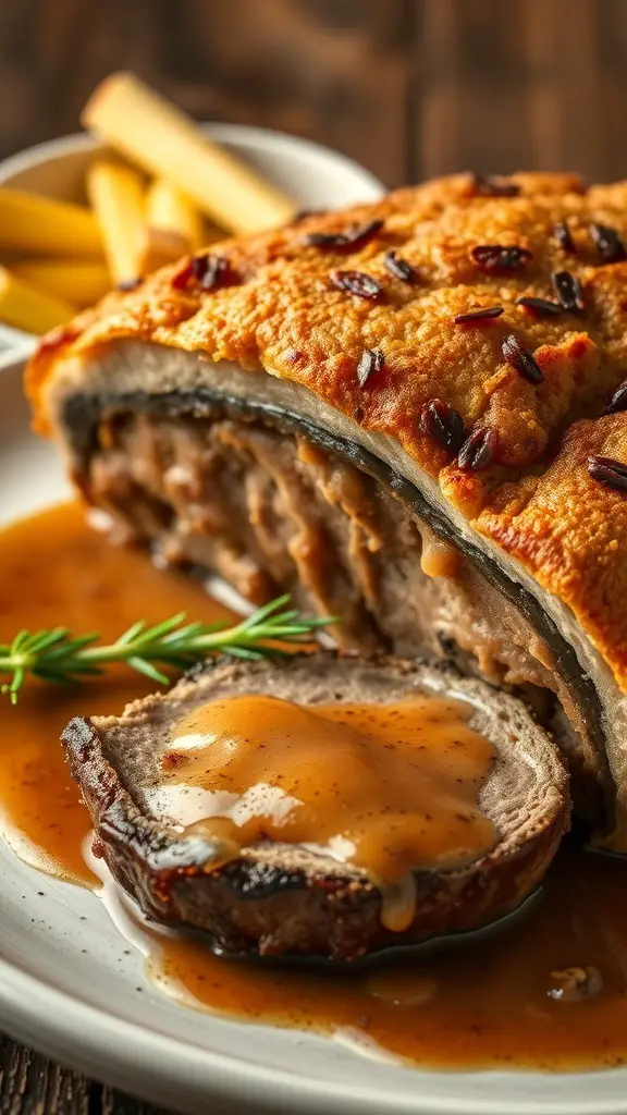 A slice of Beef Wellington with gravy, served with fries and garnished with rosemary.