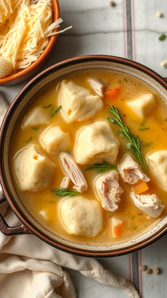 A bowl of chicken and dumpling soup with tender chicken, fluffy dumplings, and vibrant vegetables.