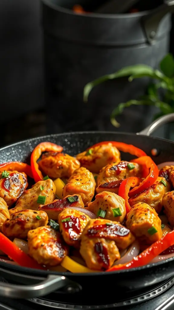 A pan filled with diced chicken breast, red and yellow bell peppers, and onions, sizzling and ready to serve.