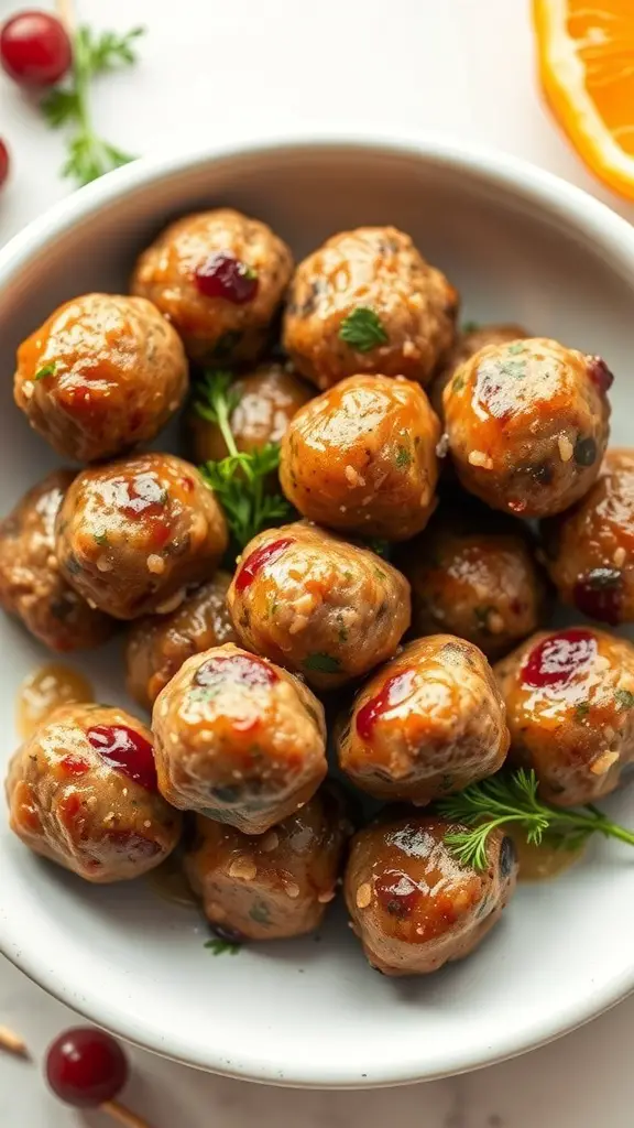 A bowl of cranberry orange meatballs garnished with herbs