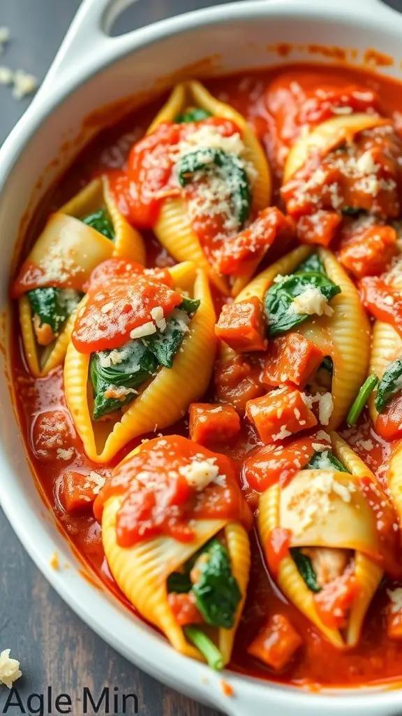 A dish of turkey and spinach stuffed shells in tomato sauce, topped with cheese.