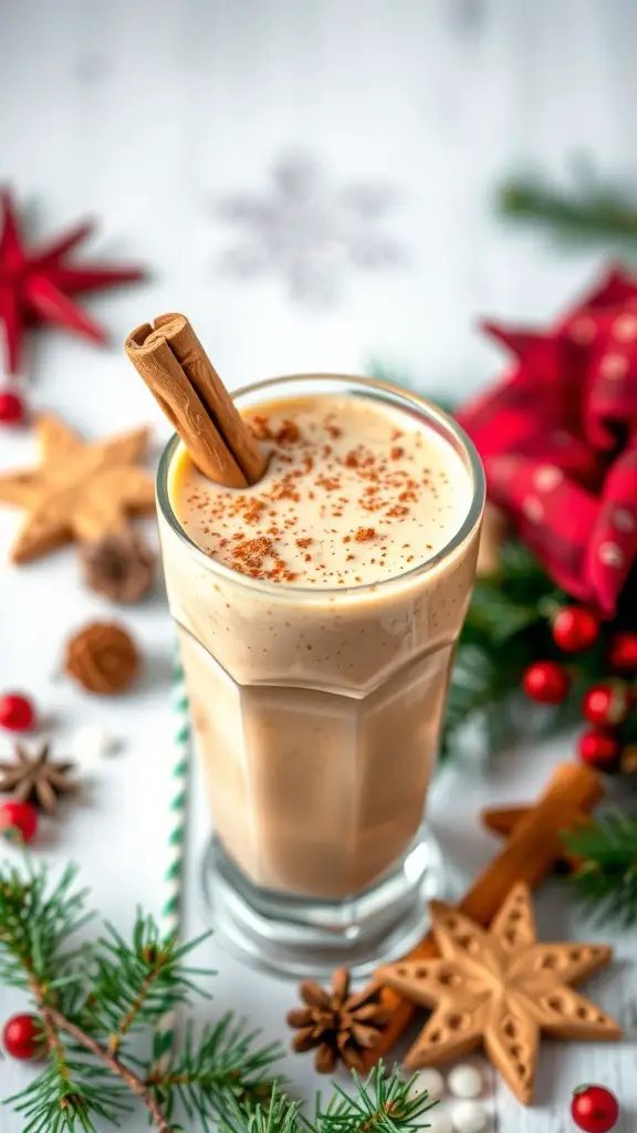 A festive holiday spiced smoothie with a cinnamon stick, surrounded by Christmas decorations.