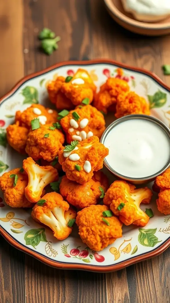 A plate of buffalo cauliflower bites with a side of dipping sauce