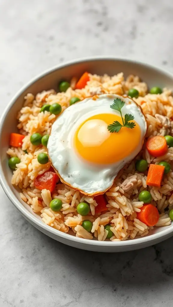 A bowl of chicken fried rice with peas, carrots, and a fried egg on top.
