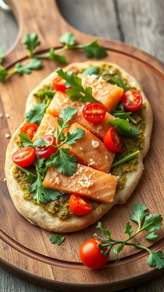 A flatbread topped with pesto, salmon, cherry tomatoes, and greens on a wooden board.