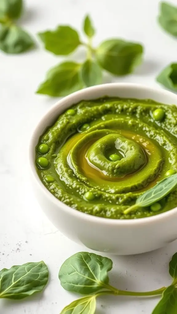 A bowl of vibrant spinach and pea puree garnished with olive oil and fresh spinach leaves.