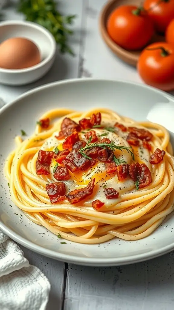 A plate of Cellentani pasta with crispy pancetta and creamy sauce, garnished with herbs.