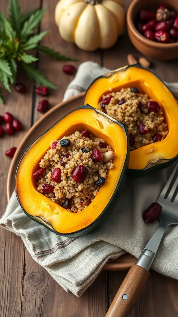 Stuffed acorn squash filled with quinoa and beans on a wooden table
