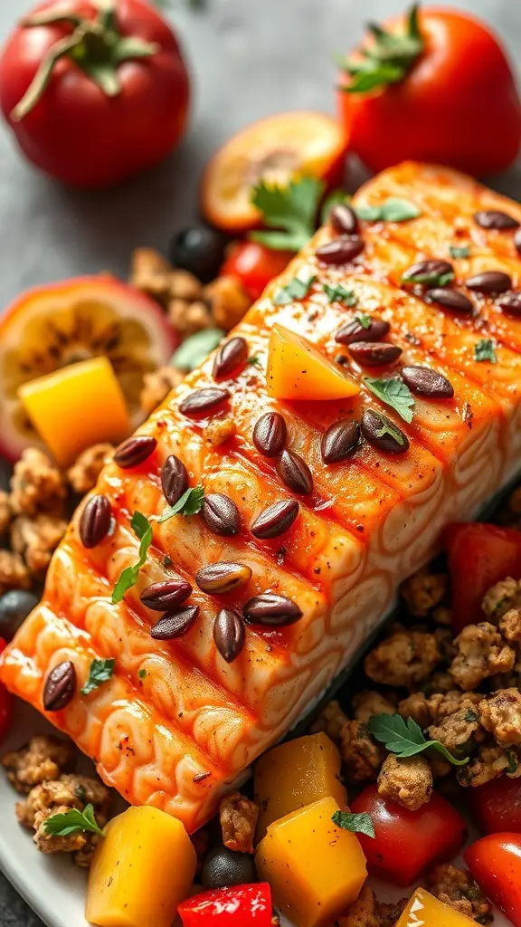 A vibrant Caribbean Jerk Spiced Stuffed Salmon dish with colorful vegetables and herbs.