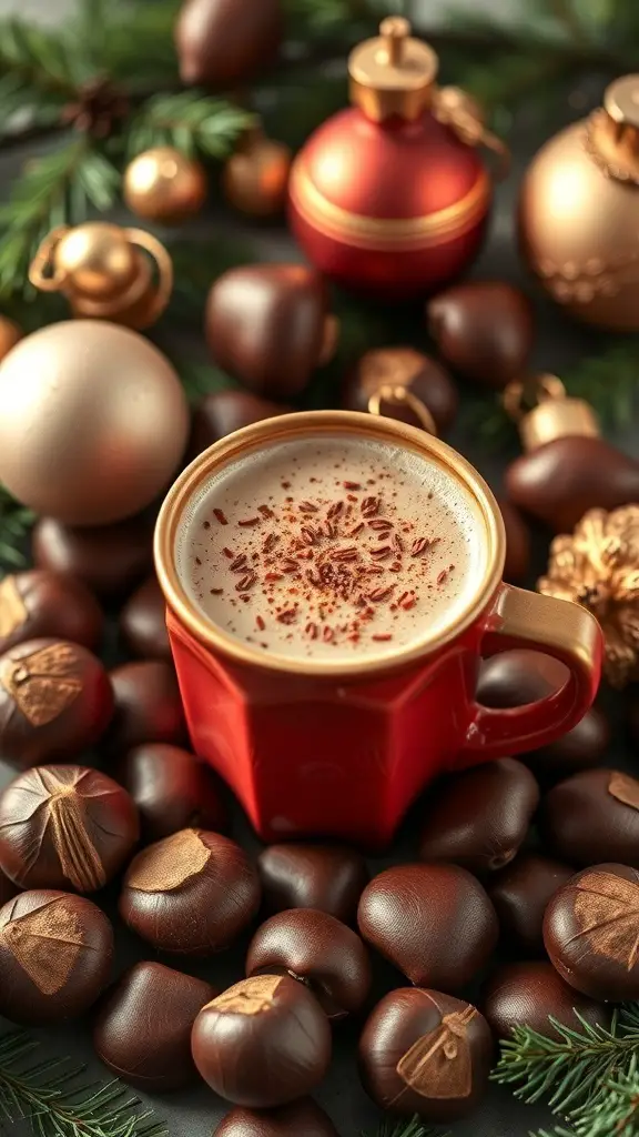 A red mug filled with Chestnut Praline Latte surrounded by roasted chestnuts and holiday ornaments.