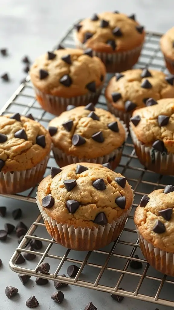 Freshly baked zucchini chocolate chip muffins on a cooling rack