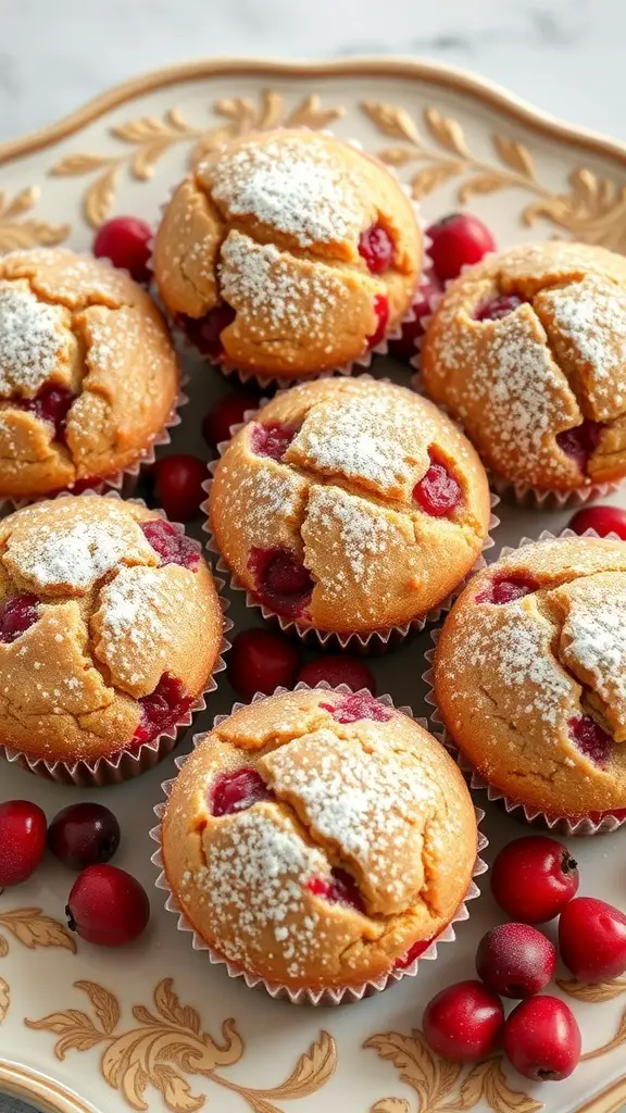A plate of cranberry orange muffins with powdered sugar on top and fresh cranberries around them.