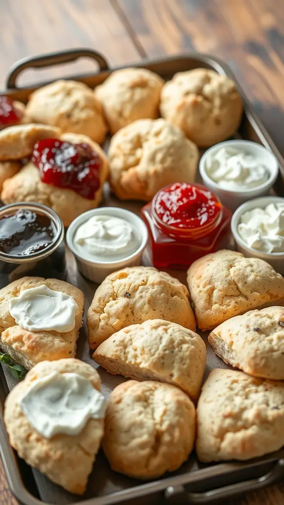 A tray of freshly baked scones with various spreads including jam and cream.
