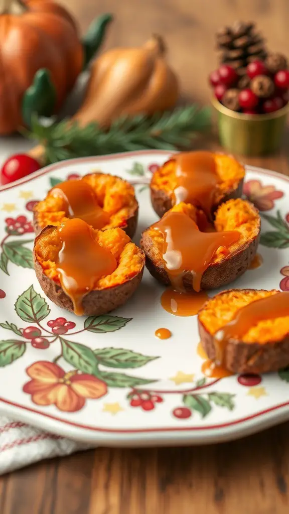 Sweet potato bites with maple glaze on a decorative plate