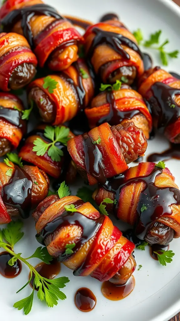 A plate of bacon-wrapped dates drizzled with balsamic glaze and garnished with parsley.