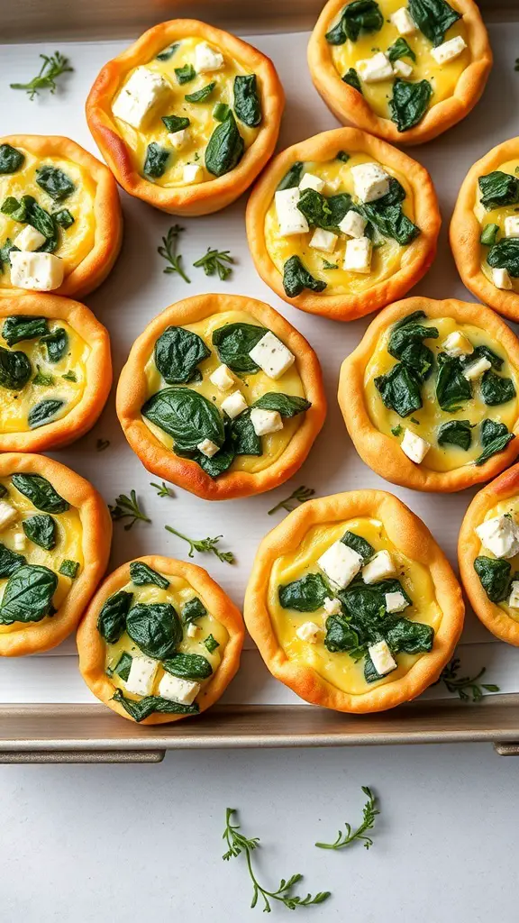A tray of mini quiches filled with spinach and feta cheese.