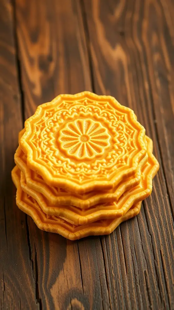 A stack of golden pizzelle wafers on a wooden surface.