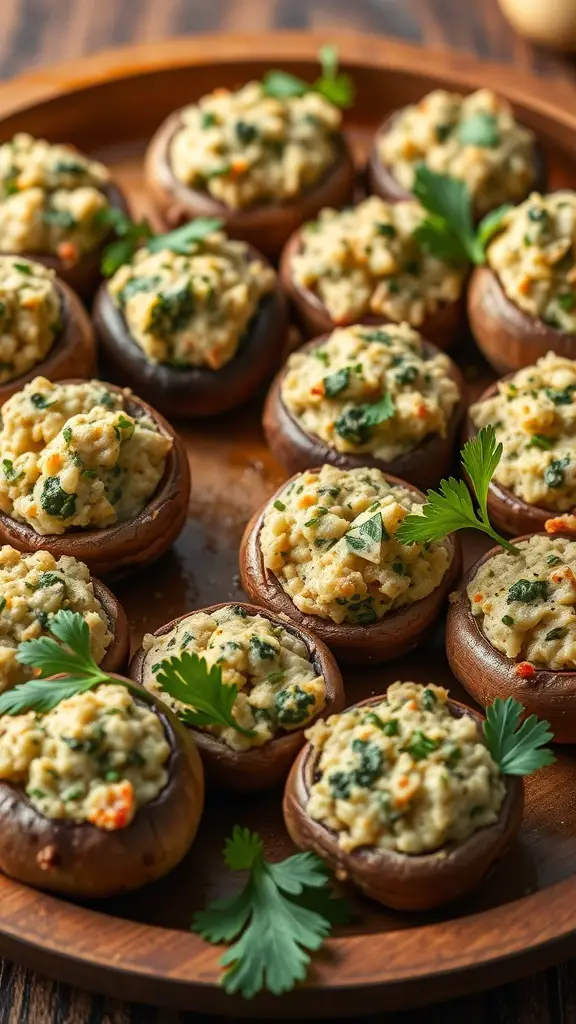 A platter of savory stuffed mushrooms topped with parsley.