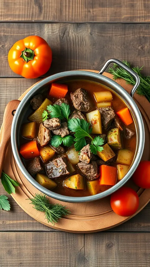 A pot of hearty beef and vegetable stew with fresh ingredients on a wooden table.