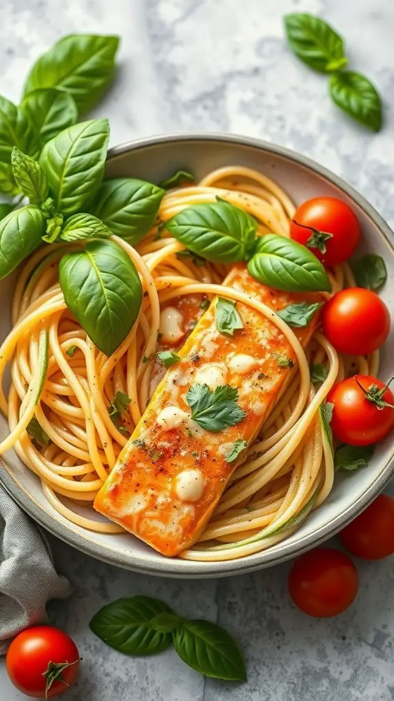 A bowl of salmon zucchini noodles topped with fresh basil and cherry tomatoes.