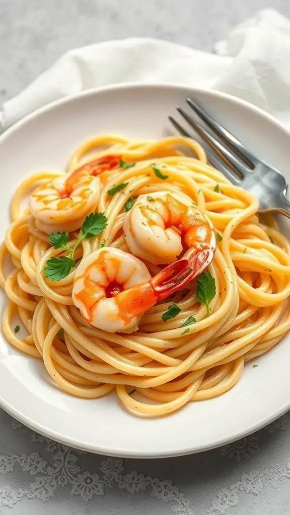 A plate of shrimp scampi fettuccine with shrimp and parsley on top.