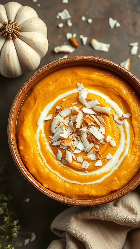 A bowl of pumpkin and coconut cream blend topped with coconut flakes and a swirl of cream, with a decorative pumpkin in the background.