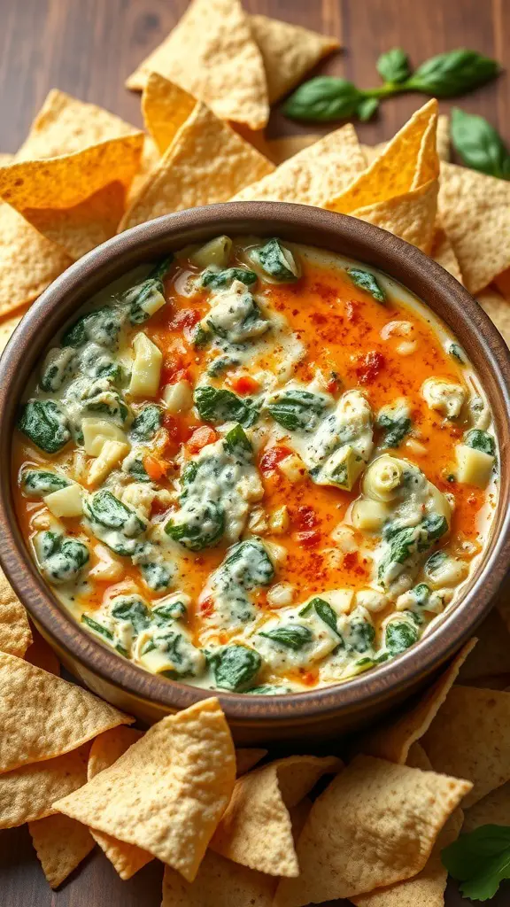 A bowl of spinach and artichoke dip surrounded by tortilla chips