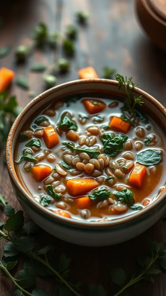 A bowl of lentil soup with spinach and sweet potatoes, garnished with fresh herbs.