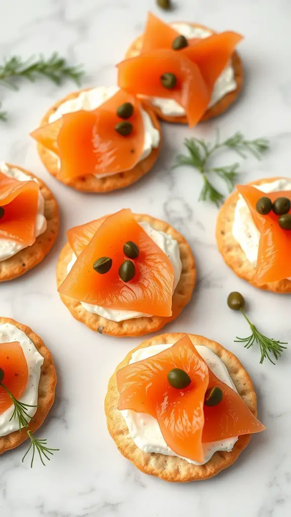 Crackers topped with cream cheese, smoked salmon, and capers
