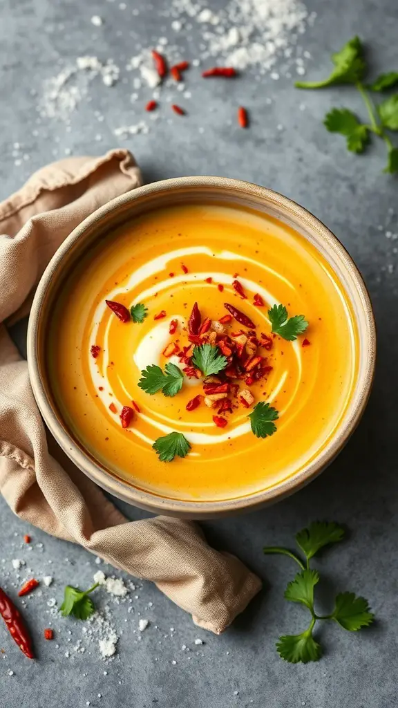 A bowl of spicy cauliflower and coconut milk soup garnished with chili flakes and cilantro.