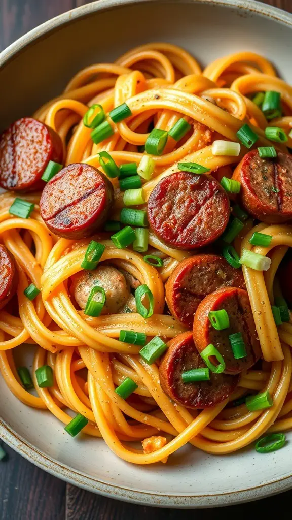 A bowl of Cajun Cellentani pasta with sausage and green onions