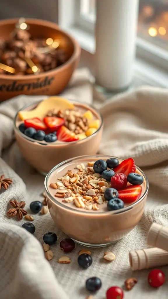 Two bowls of holiday eggnog smoothie topped with fruits and granola, set on a cozy table.