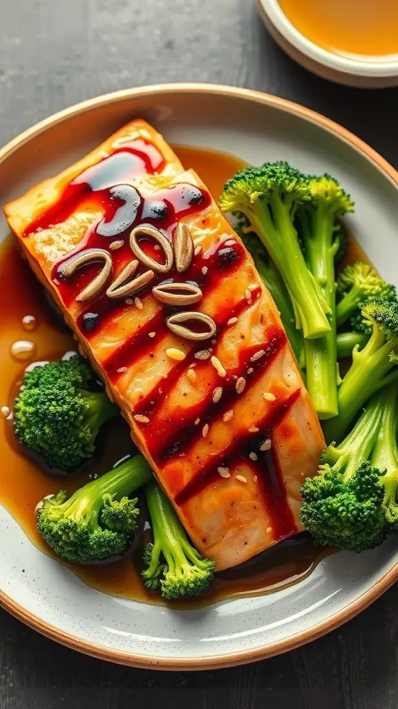 A plate of teriyaki glazed salmon served with broccoli, garnished with sesame seeds.