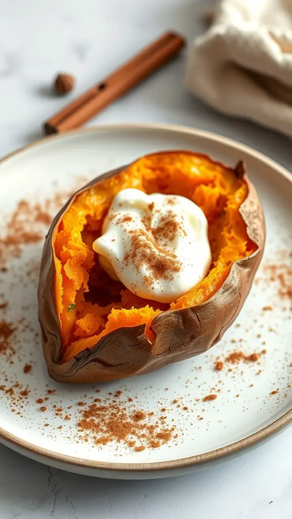 Baked sweet potato topped with Greek yogurt and sprinkled with cinnamon