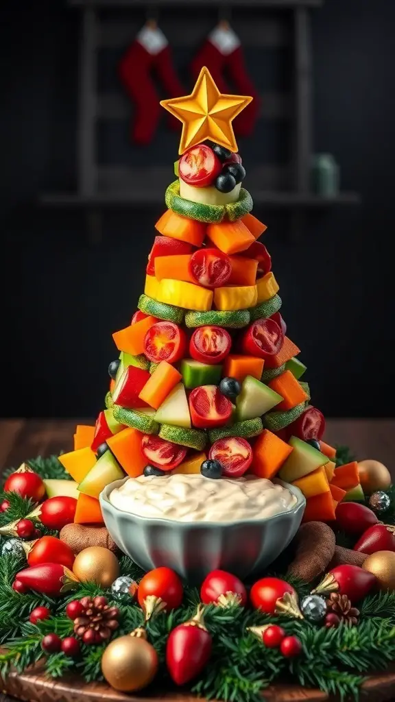 A colorful veggie platter shaped like a Christmas tree, topped with a star, surrounded by festive decorations.