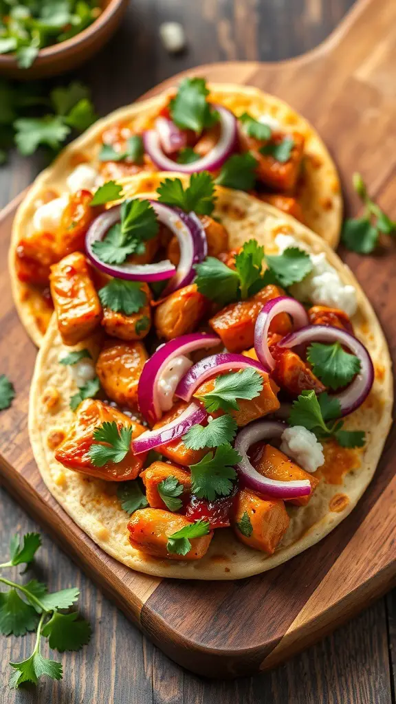 BBQ chicken flatbreads topped with cilantro and red onions on a wooden board.