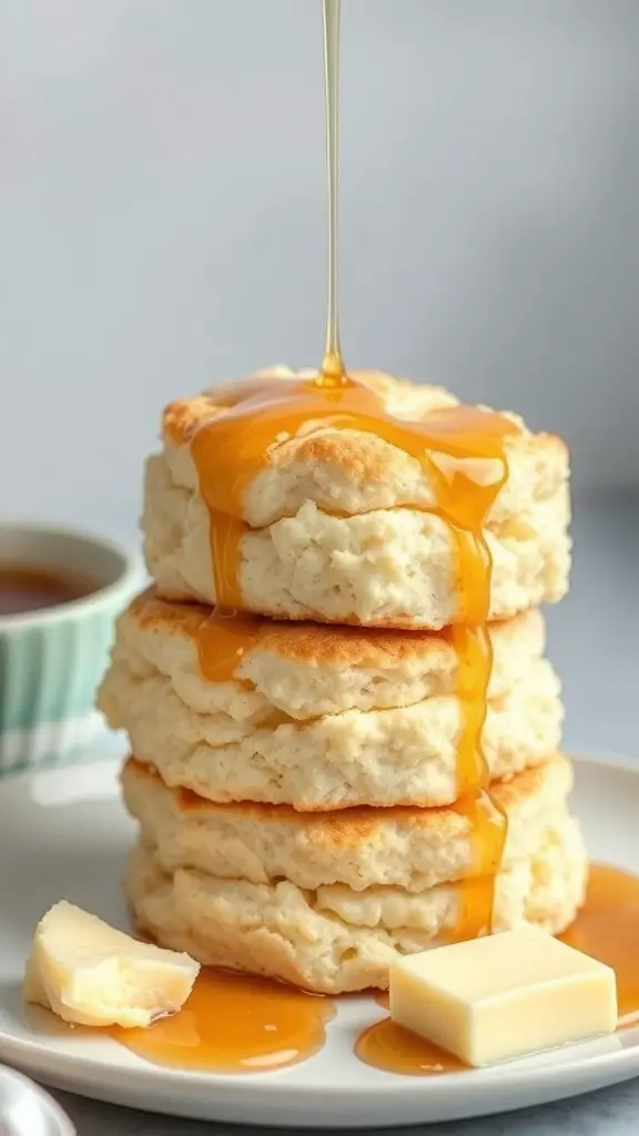 A stack of fluffy buttermilk biscuits drizzled with syrup and a pat of butter on the side.
