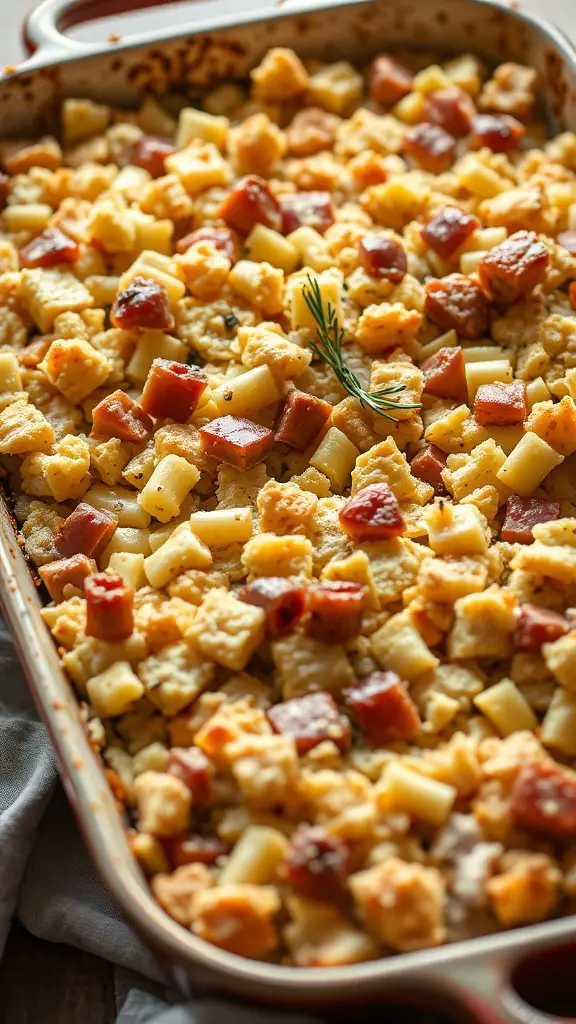 A delicious turkey and stuffing bake with crispy top and chunks of turkey.