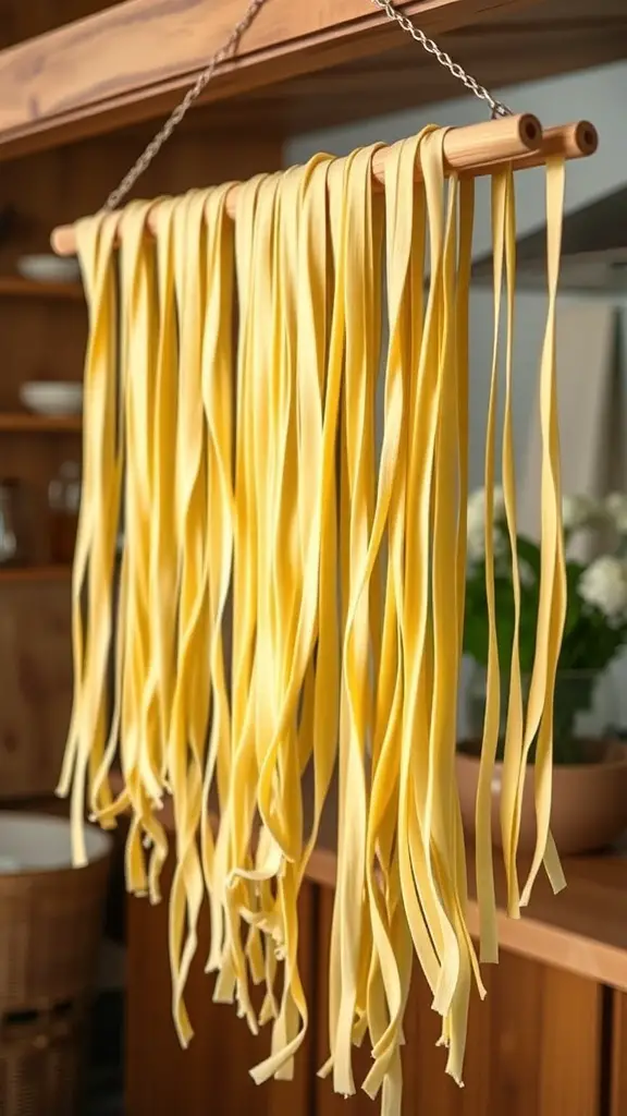 Freshly made yellow pasta hanging to dry