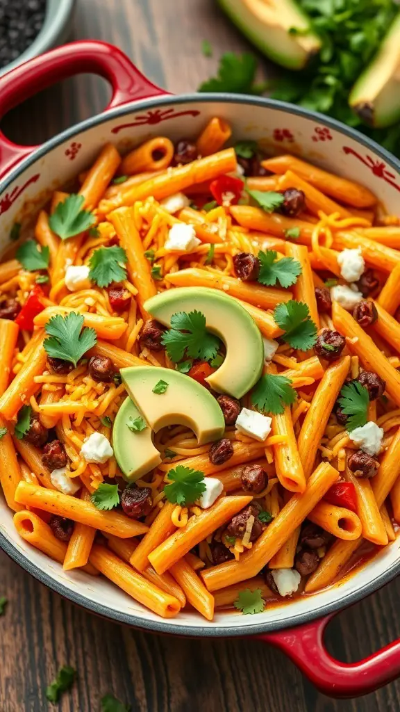 A colorful bowl of One Pot Taco Pasta topped with avocado and cilantro.