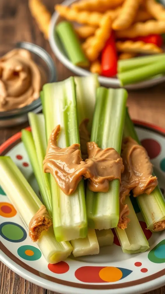 A plate of celery sticks with peanut butter spread on top, accompanied by a bowl of peanut butter and colorful snacks in the background.