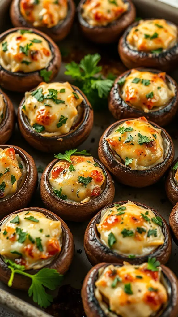 A tray of golden brown stuffed mushrooms topped with parsley.