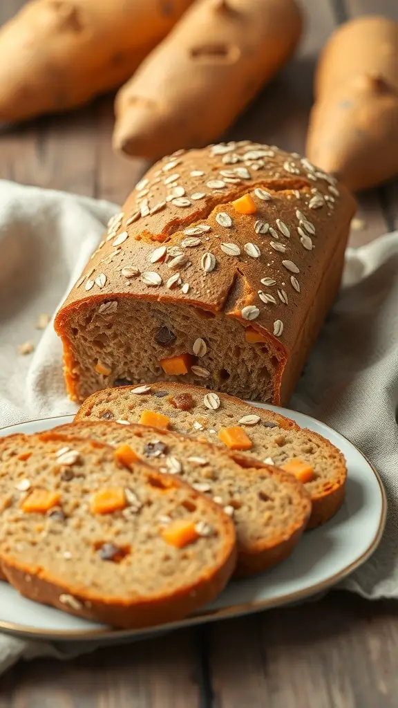 A loaf of sweet potato and oat bread with slices on a plate, surrounded by whole sweet potatoes.