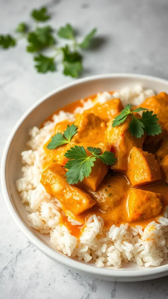 A bowl of coconut curry chicken served over rice, garnished with fresh cilantro.