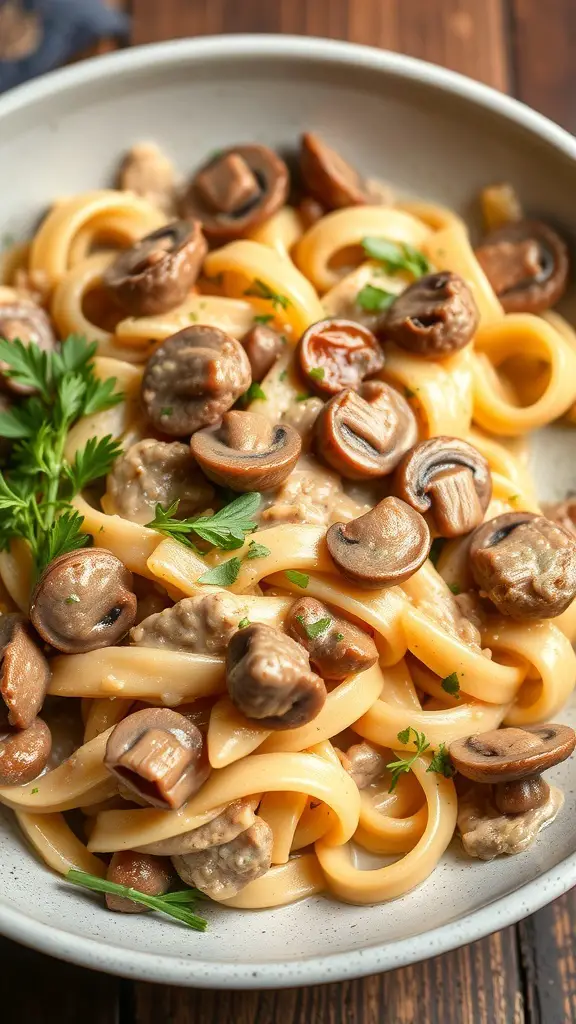 A delicious Beef Stroganoff Pasta Bake with mushrooms and herbs
